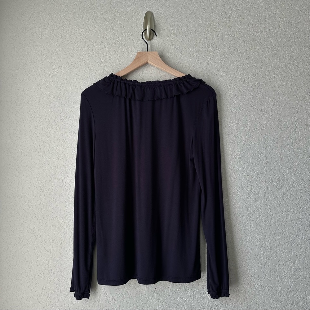 Boden Women's Blue Round Neck Ruffle Tie Neck Long Sleeve Blouse Size 6 - Picture 2 of 9